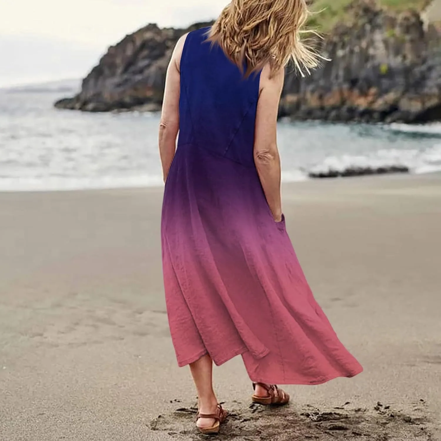 Summer Dresses for Women 2025 Casual Loose Boho Maxi Dress Vacation Beach Sleeveless Sundresses with Pockets