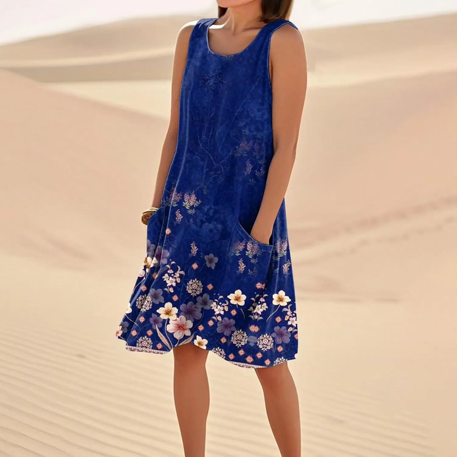 Summer Dresses for Women 2025 Crewneck Sleeveless Cotton Linen Tank Dress Beach Vacation Sundresses with Pockets