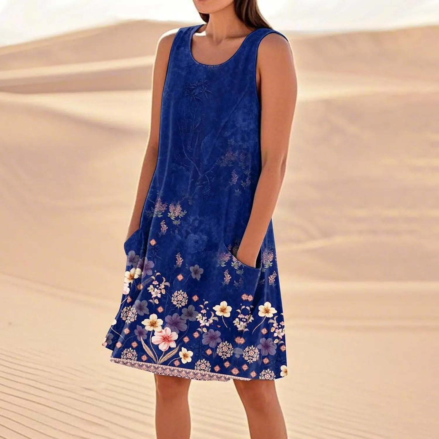 Summer Dresses for Women 2025 Crewneck Sleeveless Cotton Linen Tank Dress Beach Vacation Sundresses with Pockets