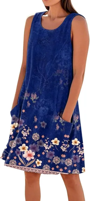 Summer Dresses for Women 2025 Crewneck Sleeveless Cotton Linen Tank Dress Beach Vacation Sundresses with Pockets