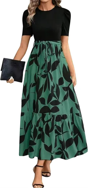 Summer Dresses for Women 2025 Elegant Short Sleeve Crewneck Tshirt Dress Business Casual Smocked Floral Maxi Dresses