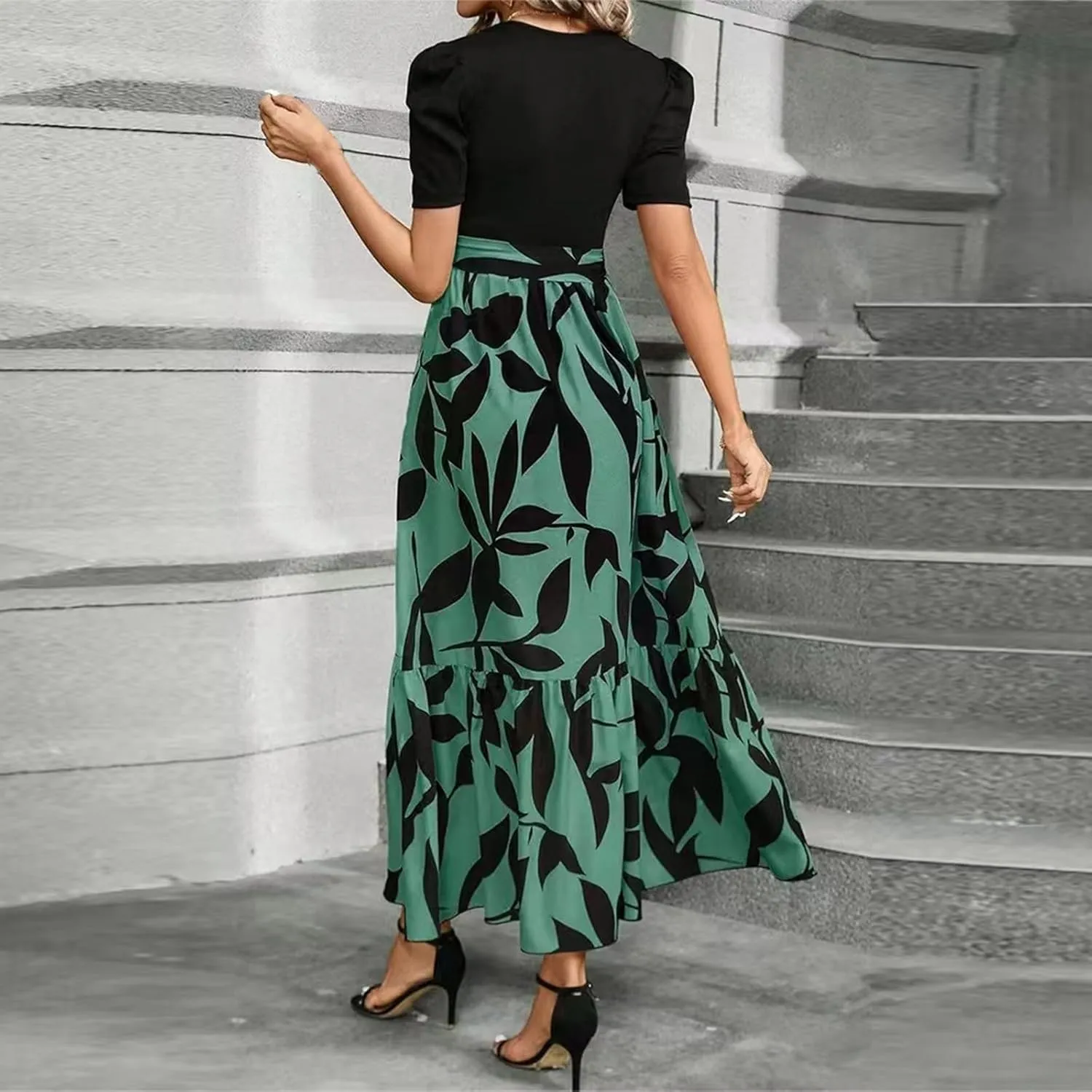 Summer Dresses for Women 2025 Elegant Short Sleeve Crewneck Tshirt Dress Business Casual Smocked Floral Maxi Dresses