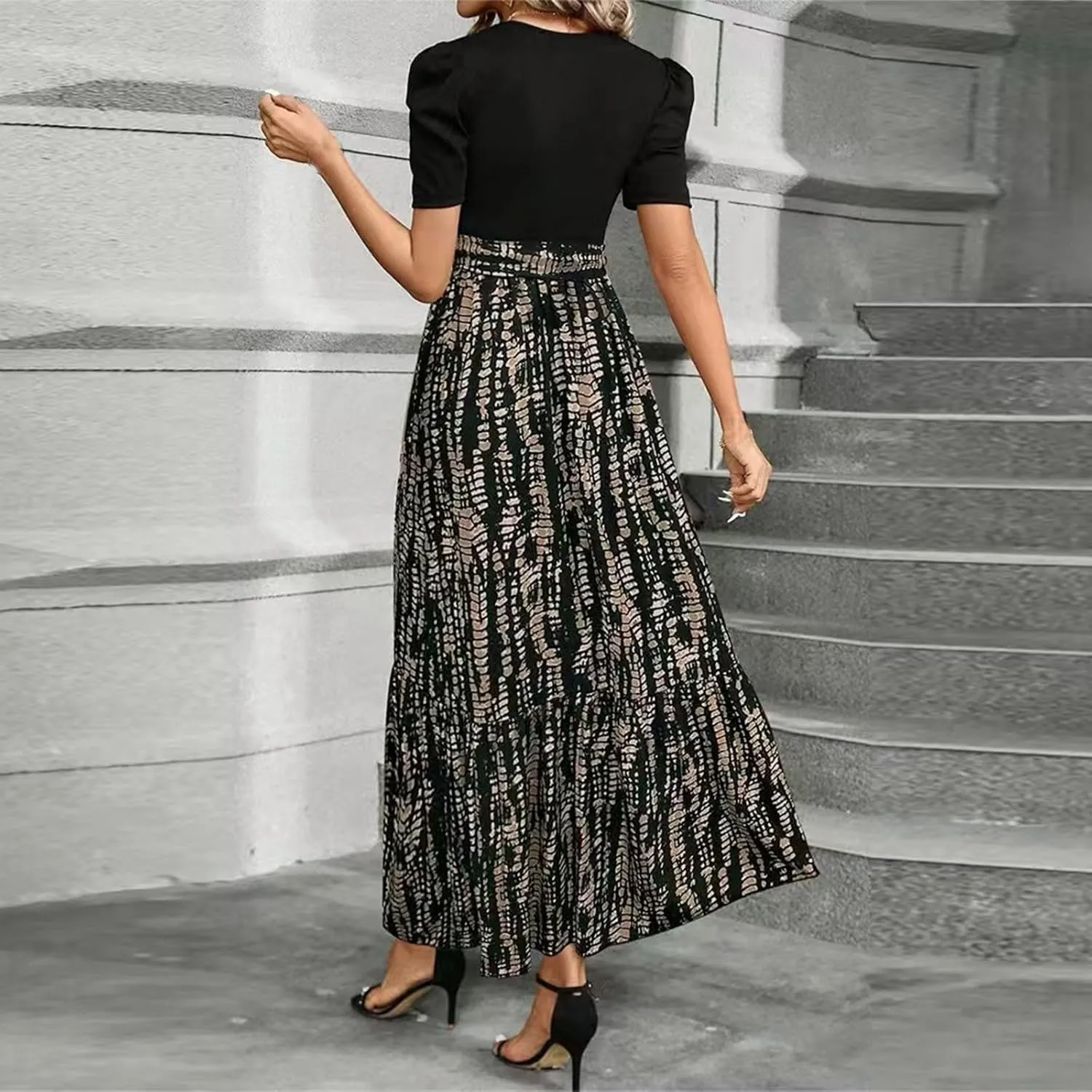 Summer Dresses for Women 2025 Elegant Short Sleeve Crewneck Tshirt Dress Business Casual Smocked Floral Maxi Dresses