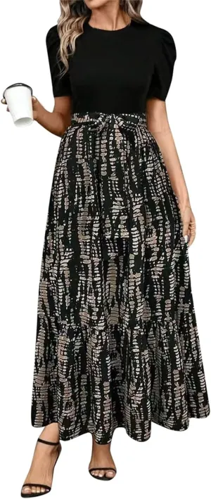Summer Dresses for Women 2025 Elegant Short Sleeve Crewneck Tshirt Dress Business Casual Smocked Floral Maxi Dresses