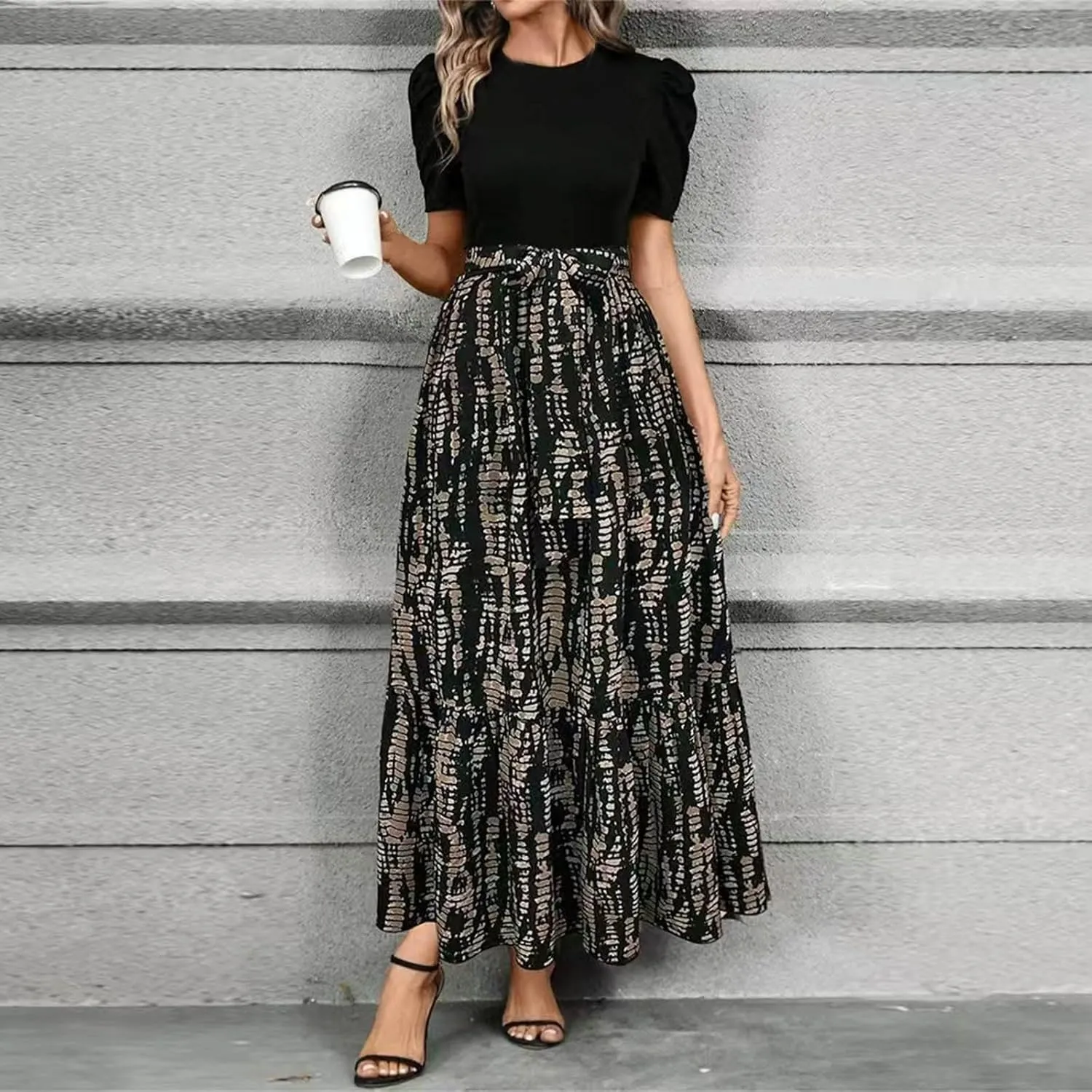Summer Dresses for Women 2025 Elegant Short Sleeve Crewneck Tshirt Dress Business Casual Smocked Floral Maxi Dresses
