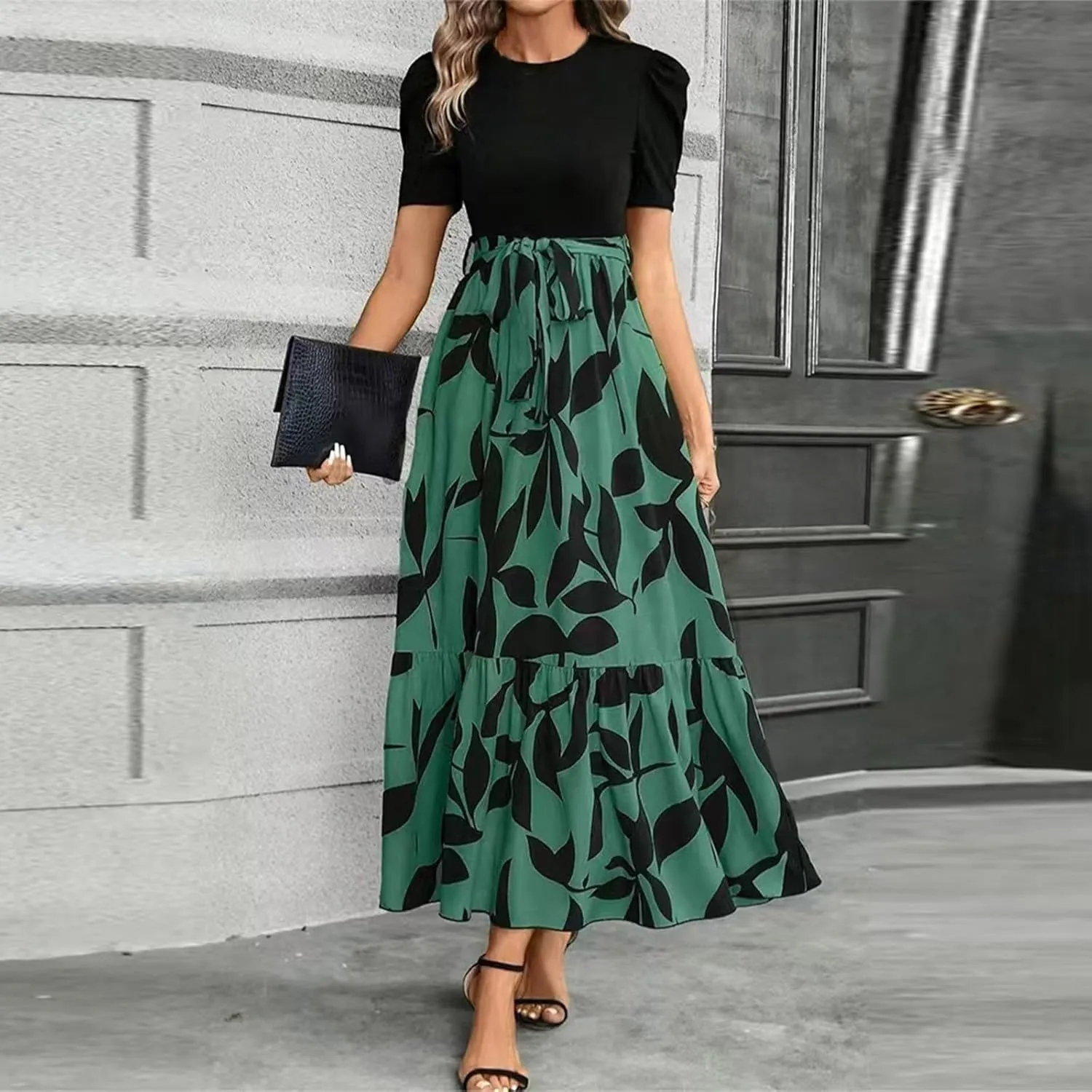 Summer Dresses for Women 2025 Elegant Short Sleeve Crewneck Tshirt Dress Business Casual Smocked Floral Maxi Dresses