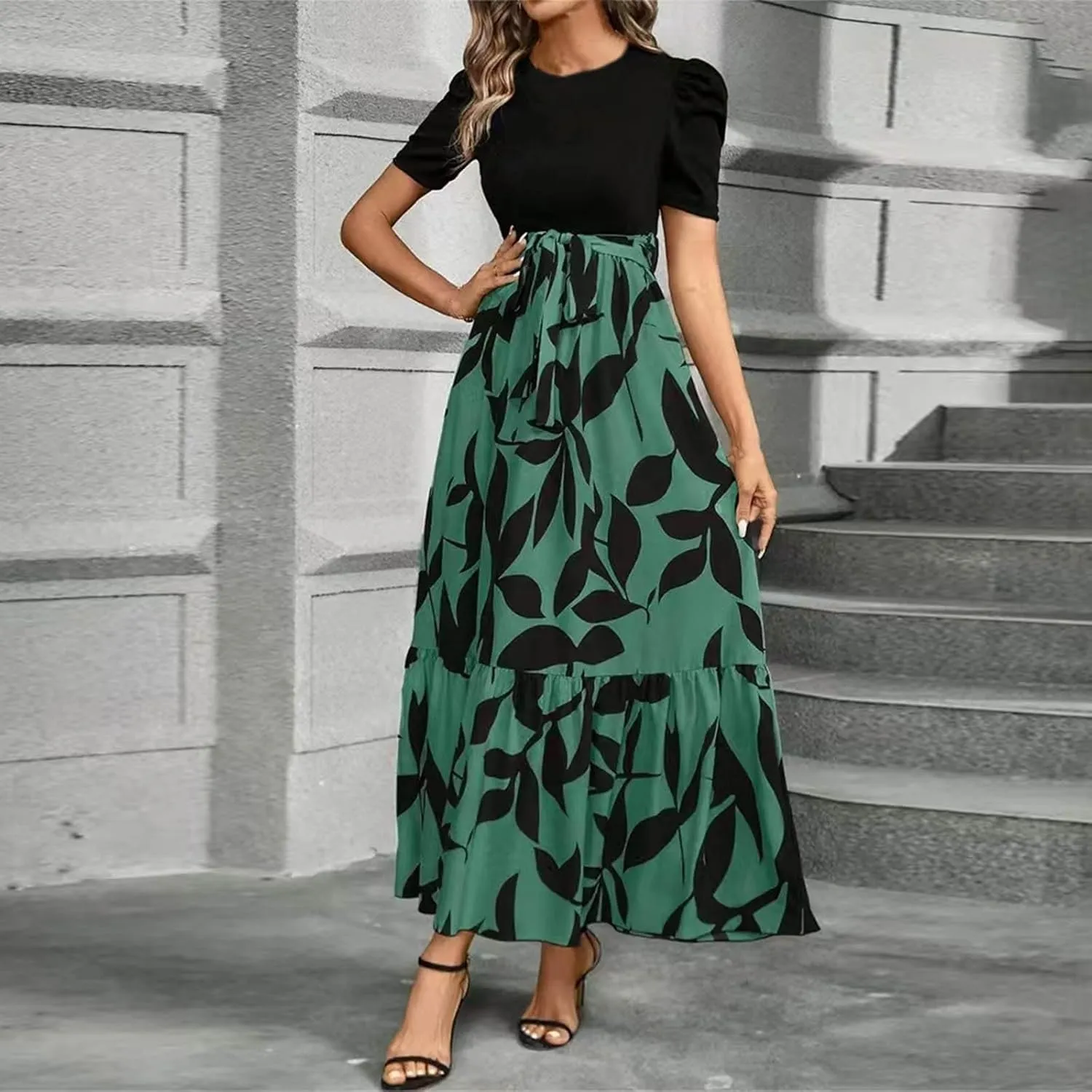 Summer Dresses for Women 2025 Elegant Short Sleeve Crewneck Tshirt Dress Business Casual Smocked Floral Maxi Dresses