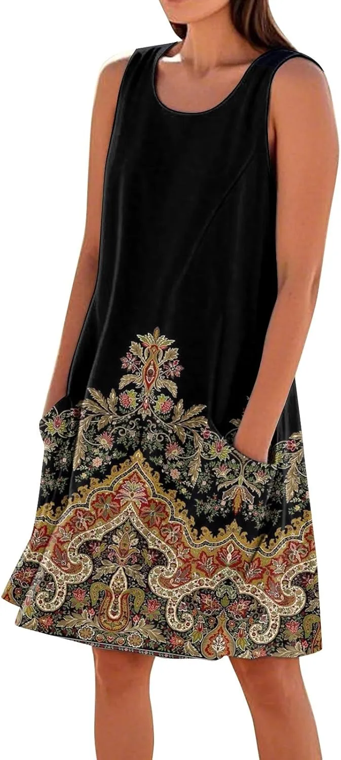 Summer Dresses for Women 2025 Loose Beach Vacation Clothes Sleeveless Linen Sundresses with Pocket Tank Dress