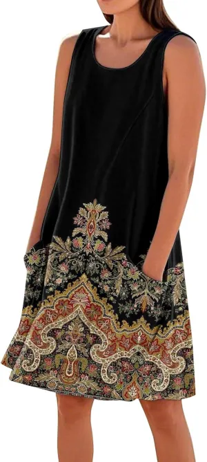 Summer Dresses for Women 2025 Loose Beach Vacation Clothes Sleeveless Linen Sundresses with Pocket Tank Dress