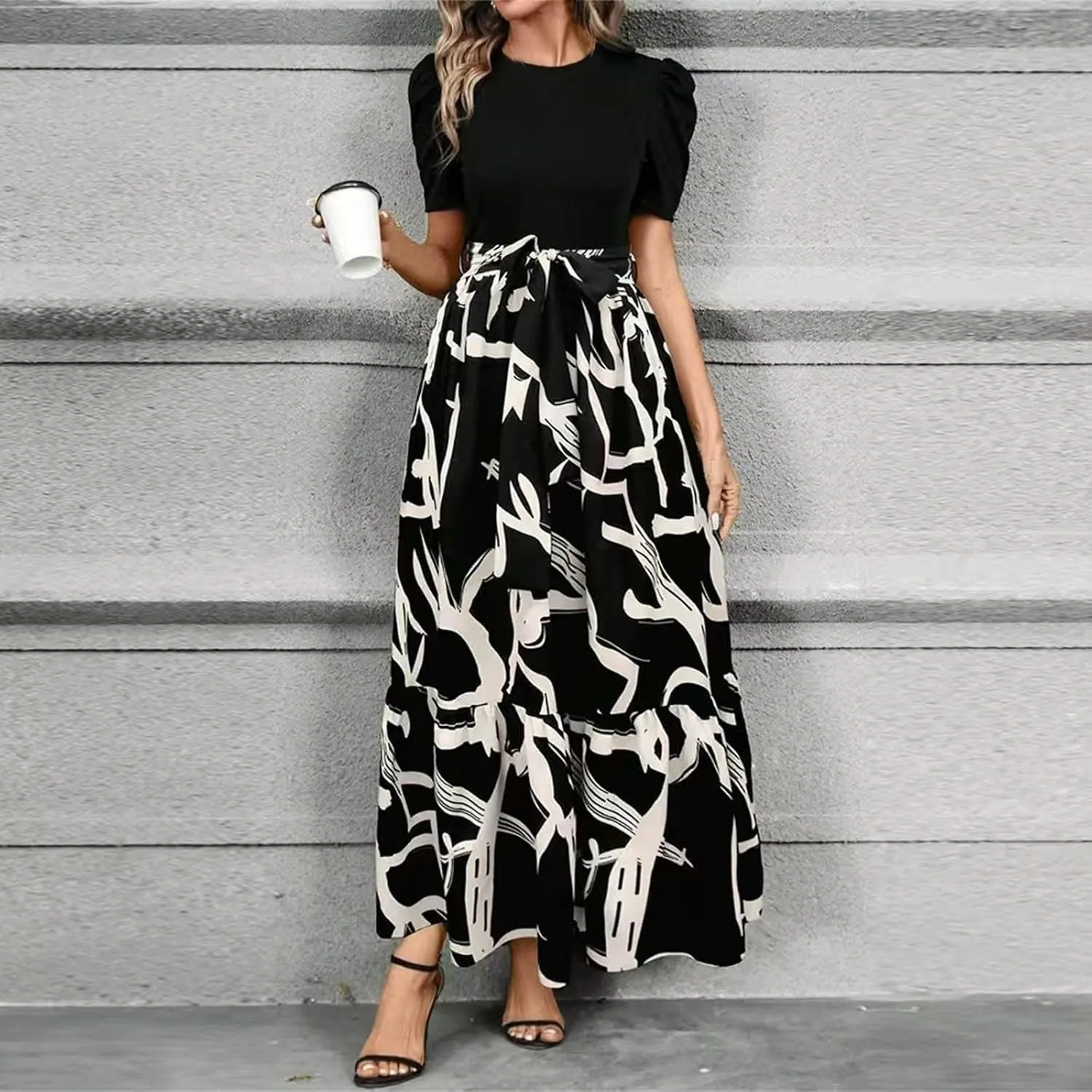Summer Dresses for Women Floral Printrd A-Line Dress with Belt Flowy High Waist Maxi Dress Casual Elegant Long Dress