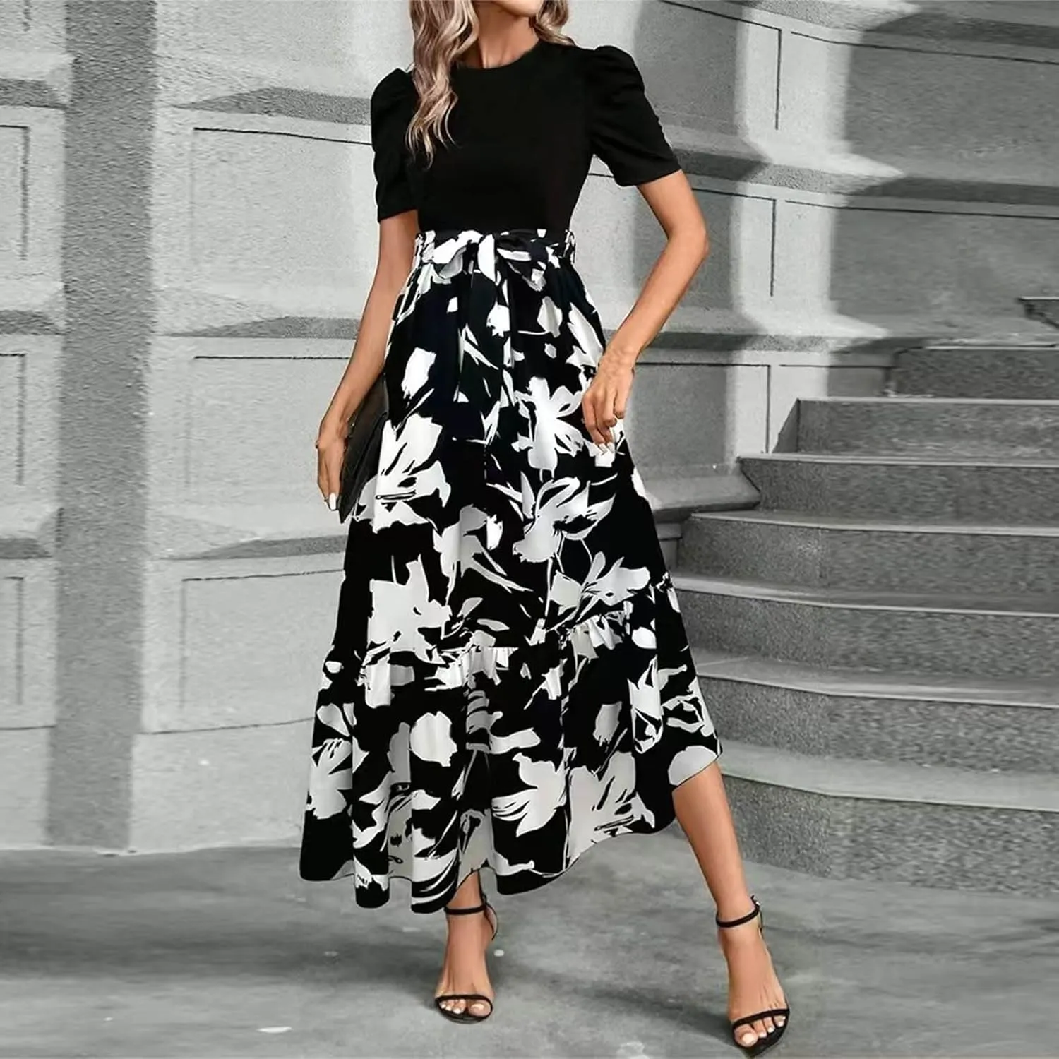 Summer Dresses for Women Floral Printrd A-Line Dress with Belt Flowy High Waist Maxi Dress Casual Elegant Long Dress