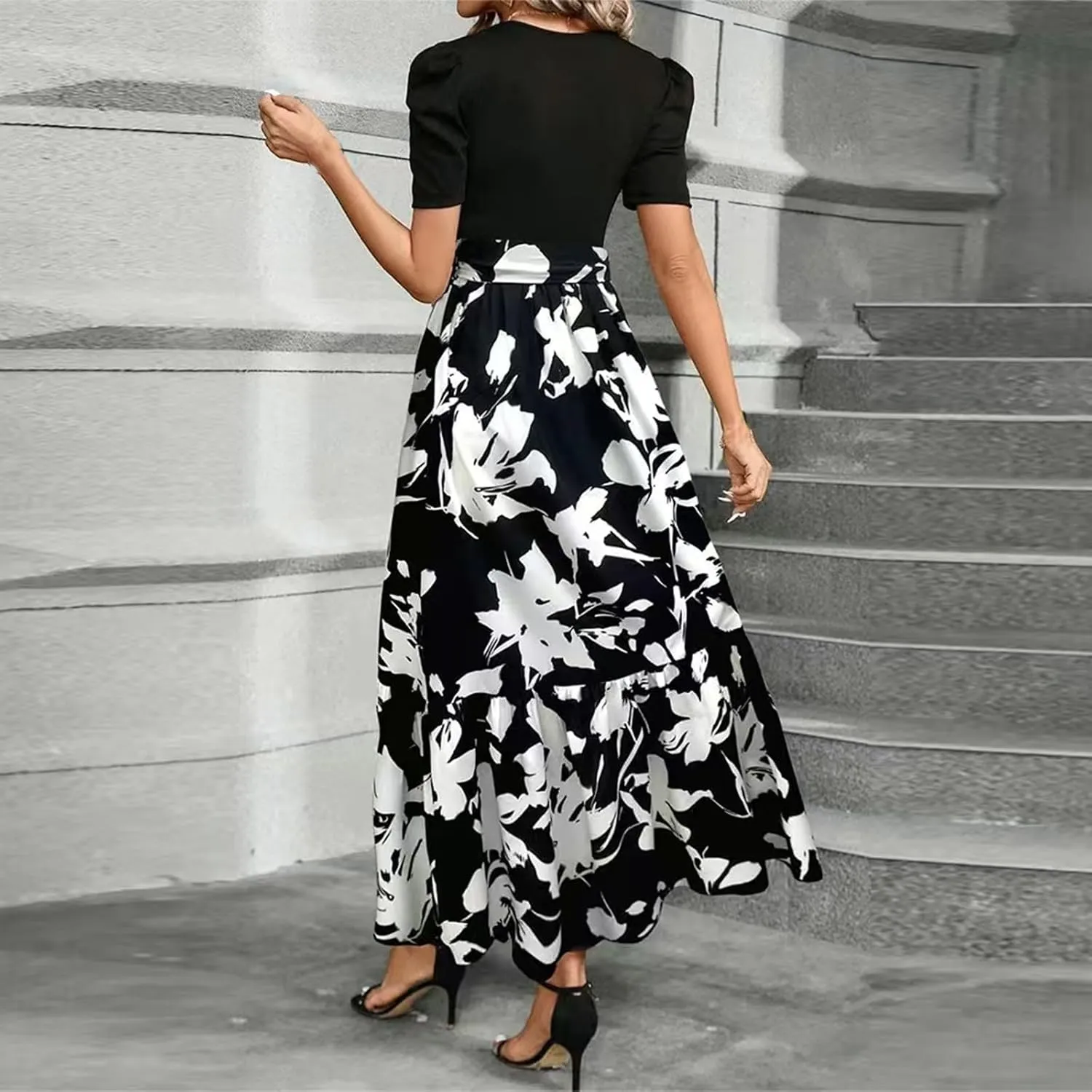 Summer Dresses for Women Floral Printrd A-Line Dress with Belt Flowy High Waist Maxi Dress Casual Elegant Long Dress