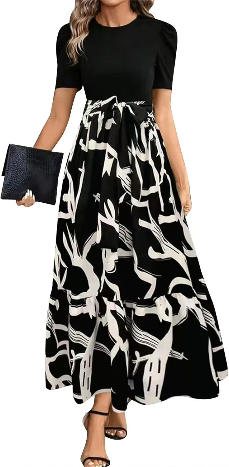 Summer Dresses for Women Floral Printrd A-Line Dress with Belt Flowy High Waist Maxi Dress Casual Elegant Long Dress