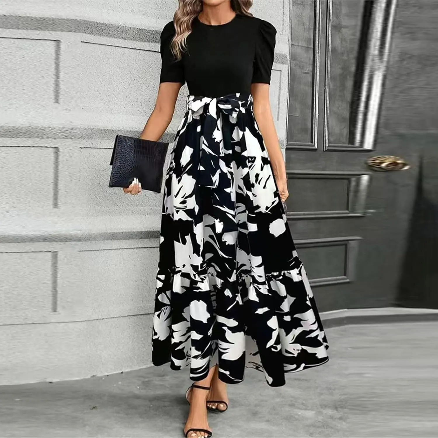 Summer Dresses for Women Floral Printrd A-Line Dress with Belt Flowy High Waist Maxi Dress Casual Elegant Long Dress