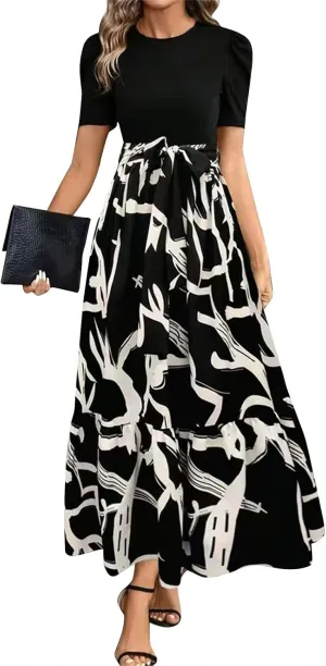 Summer Dresses for Women Floral Printrd A-Line Dress with Belt Flowy High Waist Maxi Dress Casual Elegant Long Dress