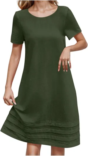 Summer Dresses for Women Short Sleeve Scoop Neck Cotton Linen Tunic Tshirt Dress Casual Loose Fit Vacation Sundress
