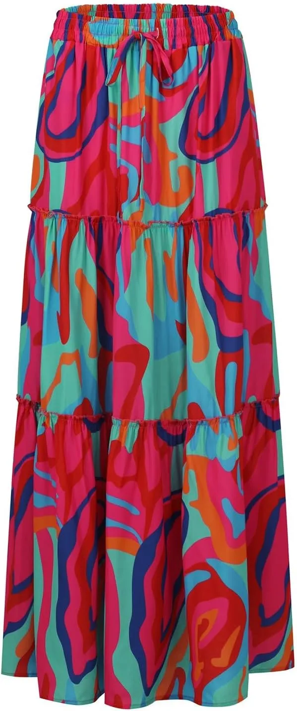 Summer Skirt for Women 2025 Maxi Skirt Drawstring Elastic Smocked Tiered A Line Vacation Long Beach Skirts with Pockets