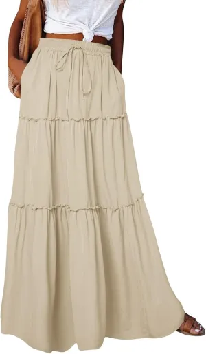 Summer Skirt for Women 2025 Maxi Skirt Drawstring Elastic Smocked Tiered A Line Vacation Long Beach Skirts with Pockets