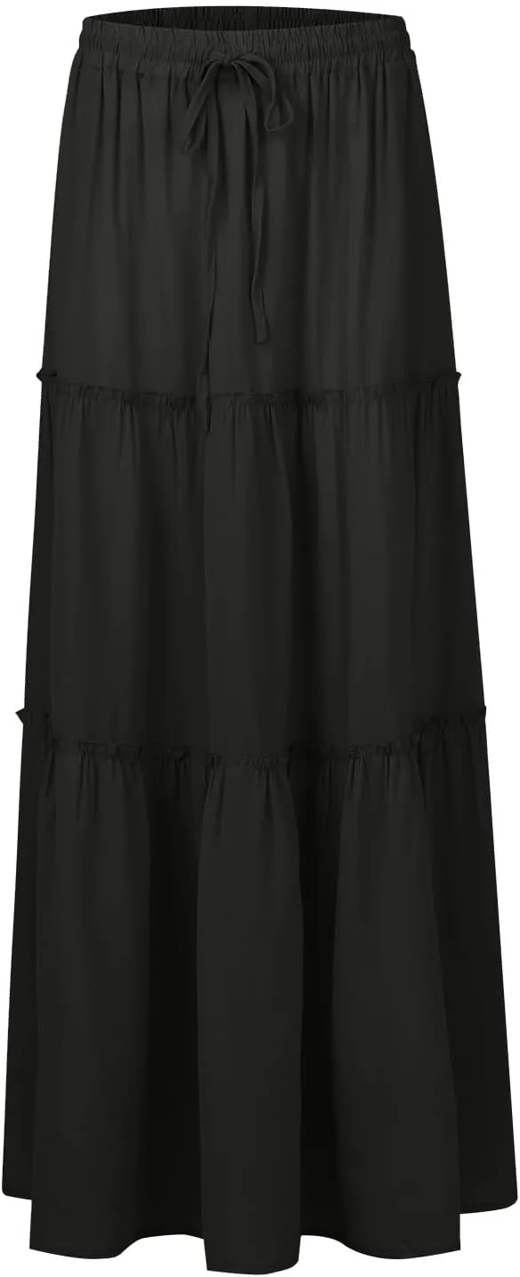 Summer Skirt for Women 2025 Maxi Skirt Drawstring Elastic Smocked Tiered A Line Vacation Long Beach Skirts with Pockets