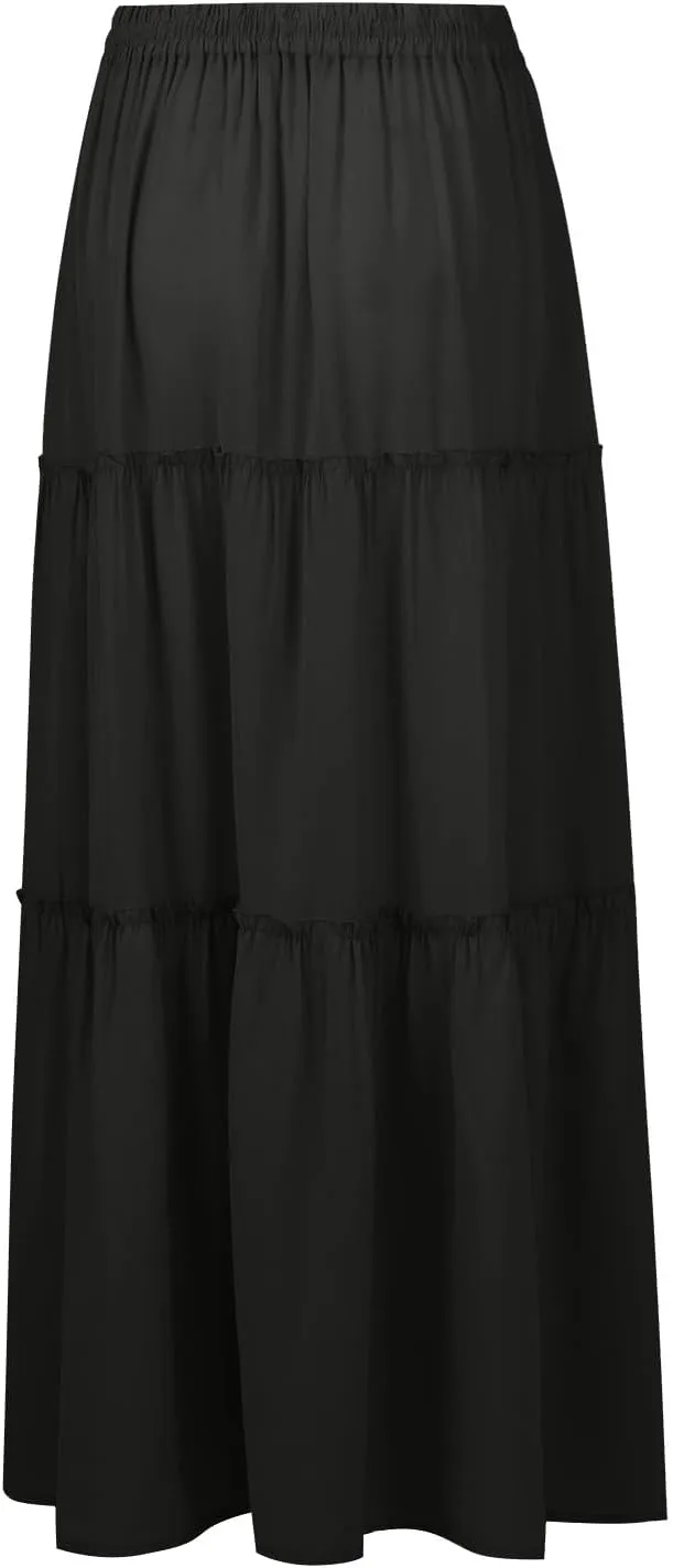 Summer Skirt for Women 2025 Maxi Skirt Drawstring Elastic Smocked Tiered A Line Vacation Long Beach Skirts with Pockets