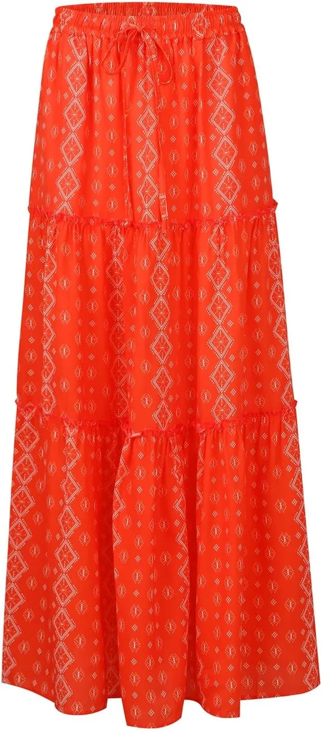 Summer Skirt for Women 2025 Maxi Skirt Drawstring Elastic Smocked Tiered A Line Vacation Long Beach Skirts with Pockets