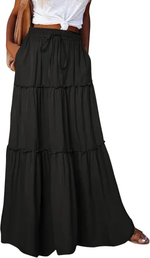 Summer Skirt for Women 2025 Maxi Skirt Drawstring Elastic Smocked Tiered A Line Vacation Long Beach Skirts with Pockets