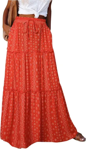 Summer Skirt for Women 2025 Maxi Skirt Drawstring Elastic Smocked Tiered A Line Vacation Long Beach Skirts with Pockets