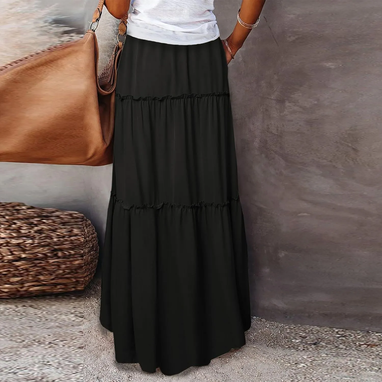 Summer Skirt for Women 2025 Maxi Skirt Drawstring Elastic Smocked Tiered A Line Vacation Long Beach Skirts with Pockets