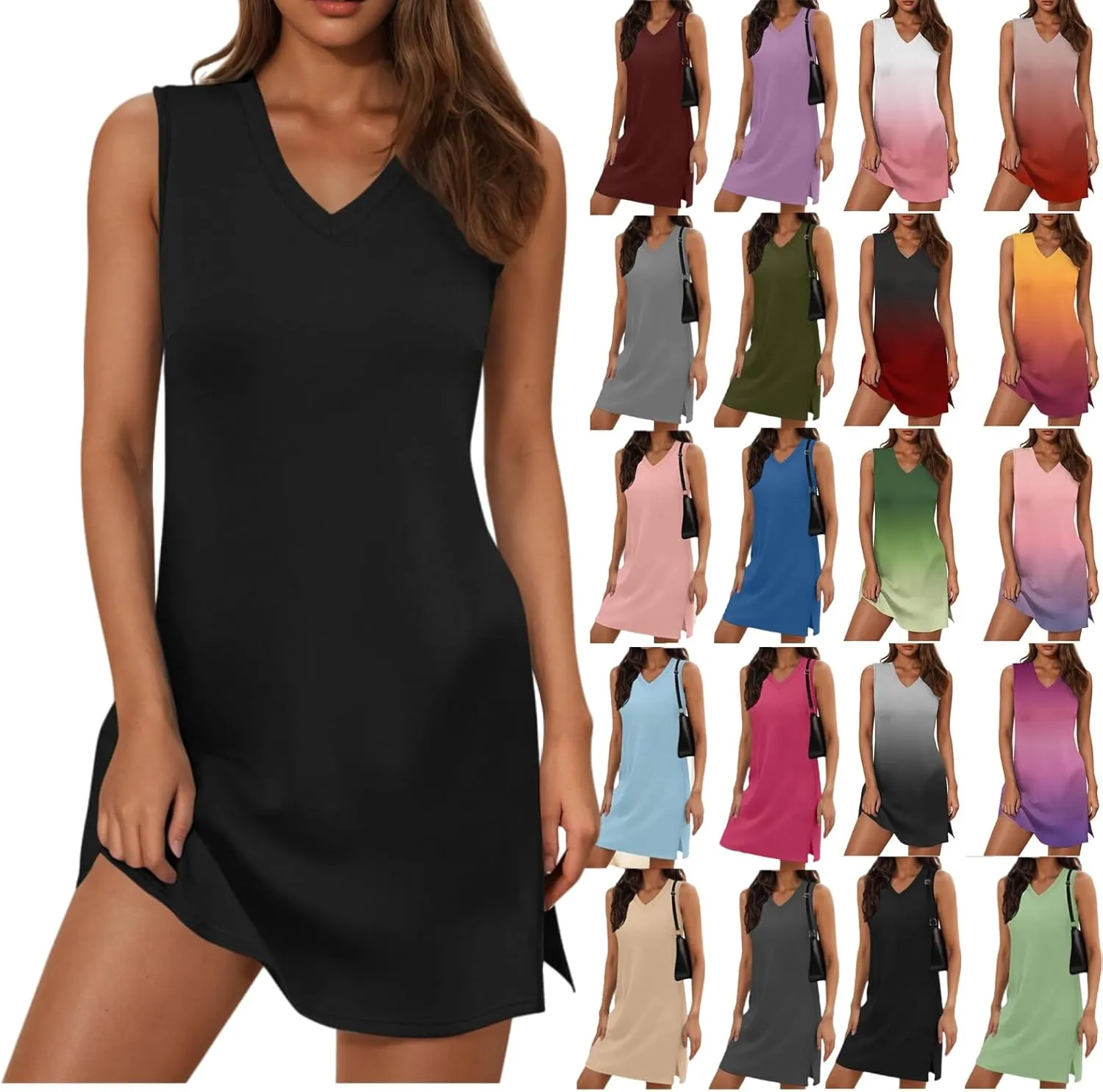 Sundresses for Women Summer Casual V Neck Sleeveless Dresses Boho Beach Cover Up Tank Dress A Line T-Shirts Dress