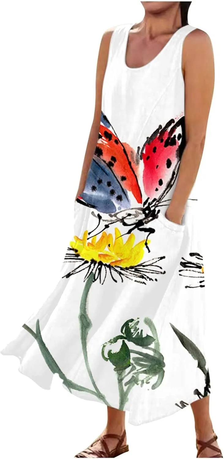 Sundresses for Womens Casual Sleeveless Cotton Linen Long Dress Flowy Beach Floral Print Dresses with Pockets