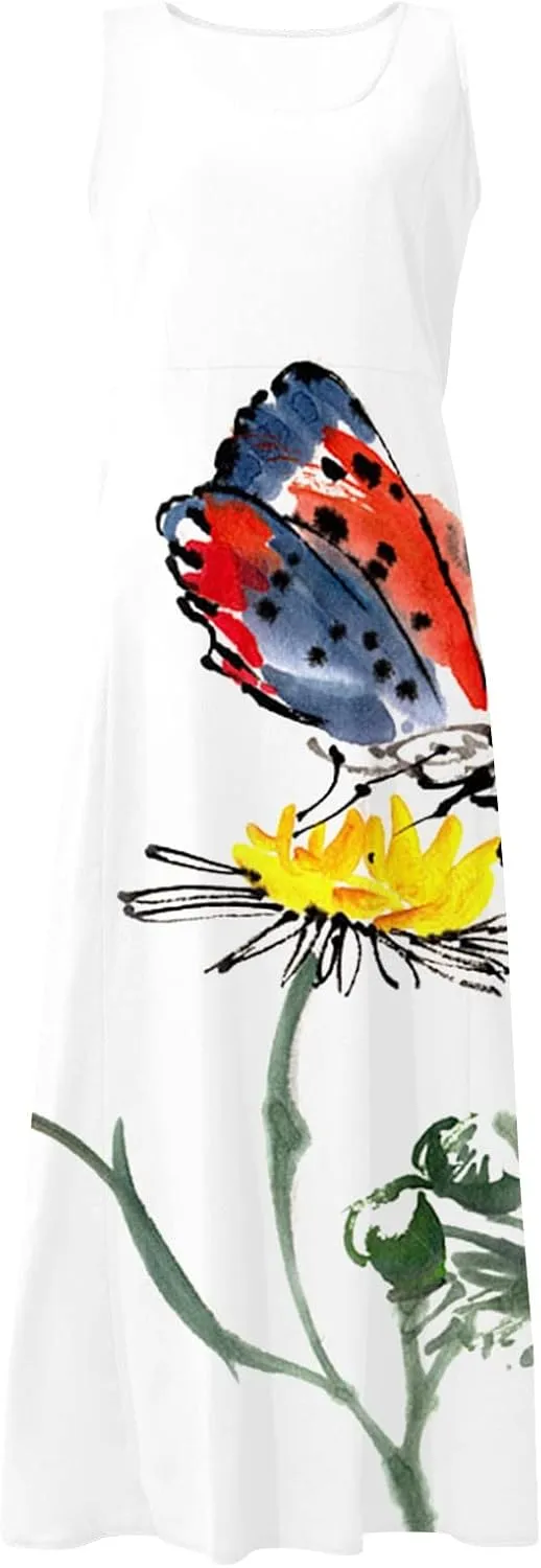 Sundresses for Womens Casual Sleeveless Cotton Linen Long Dress Flowy Beach Floral Print Dresses with Pockets