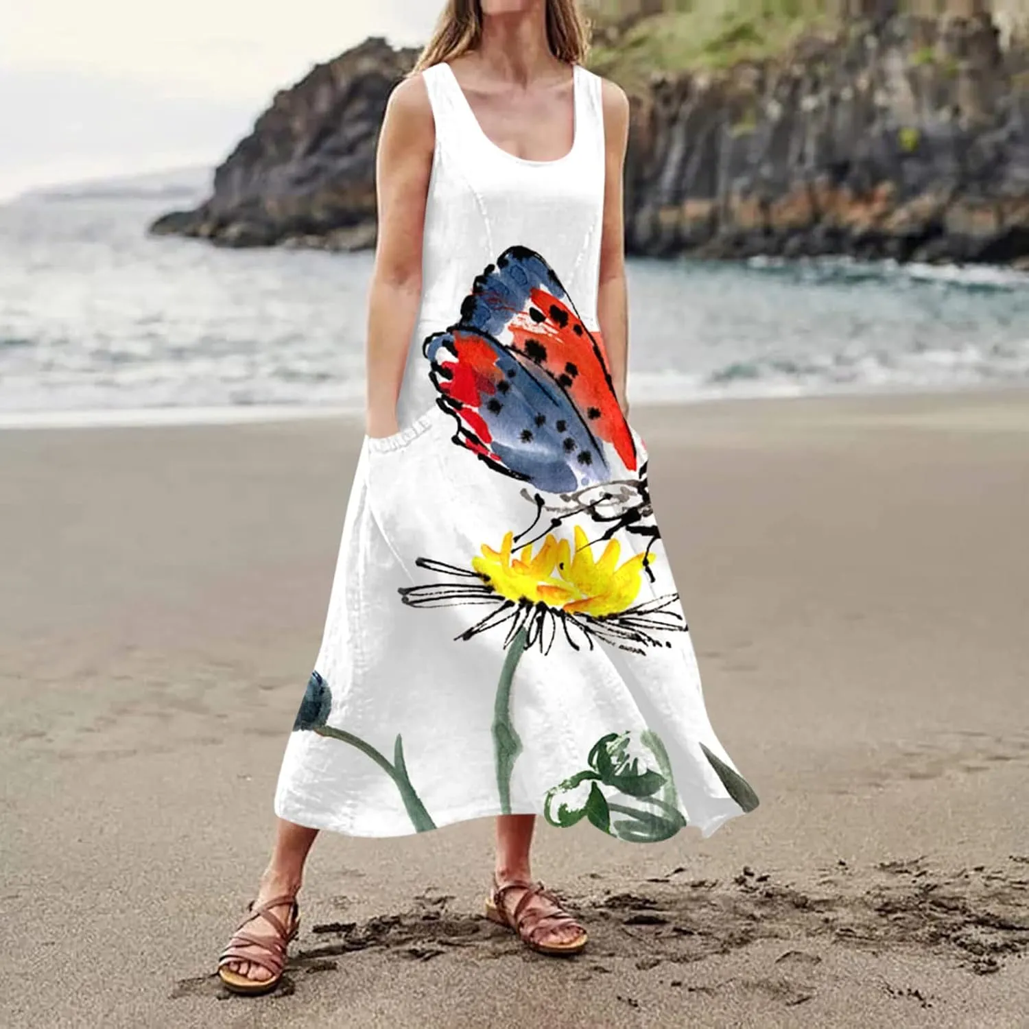 Sundresses for Womens Casual Sleeveless Cotton Linen Long Dress Flowy Beach Floral Print Dresses with Pockets
