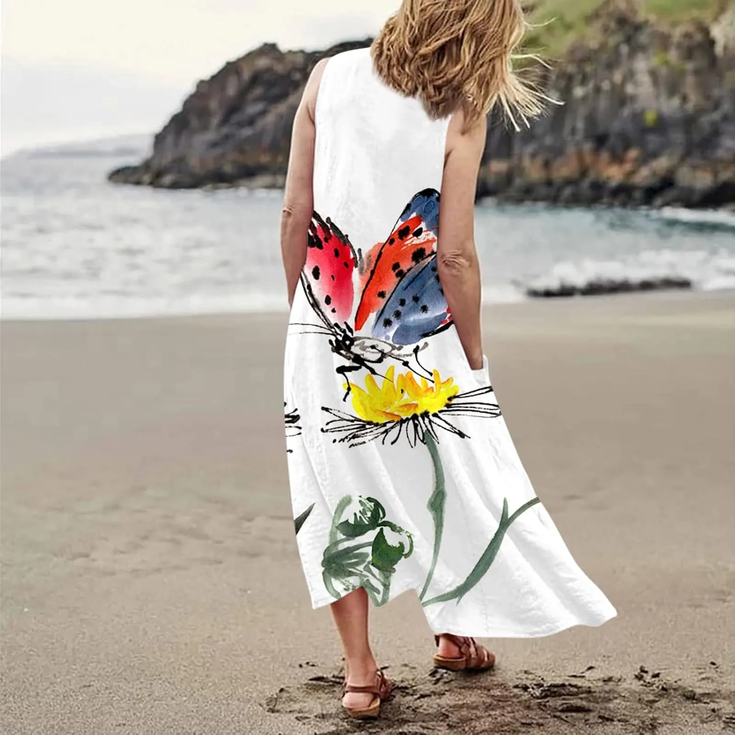 Sundresses for Womens Casual Sleeveless Cotton Linen Long Dress Flowy Beach Floral Print Dresses with Pockets