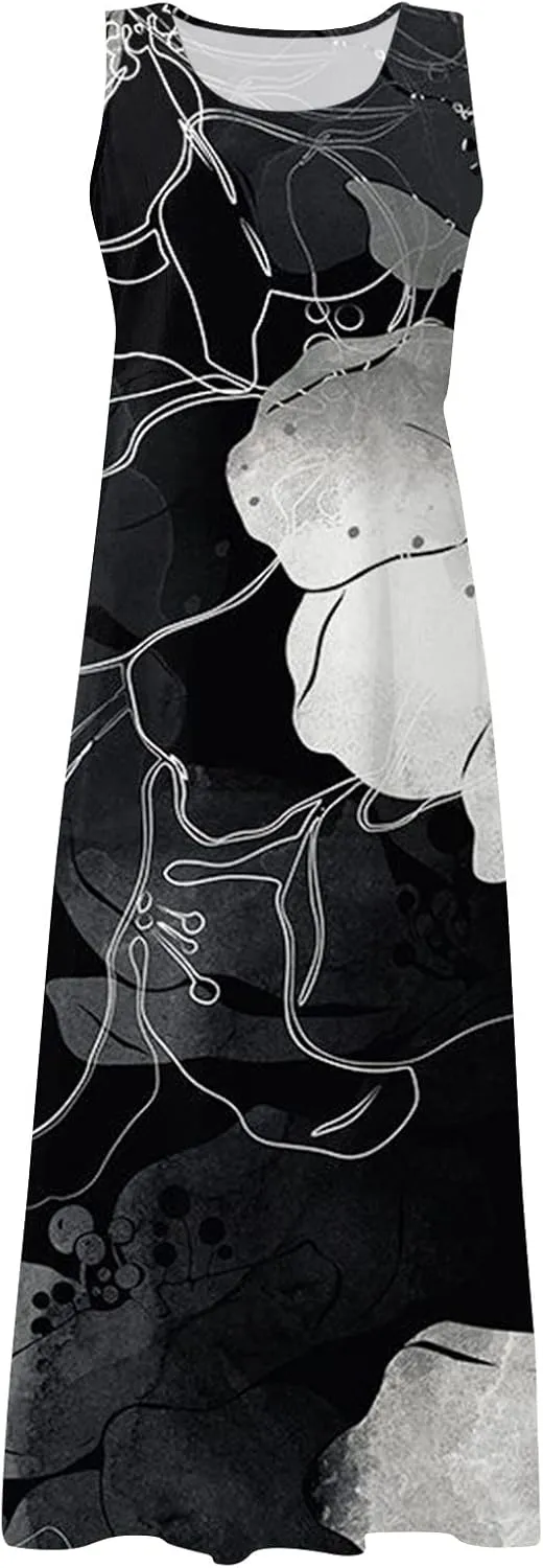 Sundresses for Womens Casual Sleeveless Cotton Linen Long Dress Flowy Beach Floral Print Dresses with Pockets