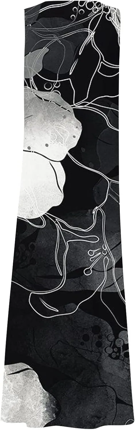 Sundresses for Womens Casual Sleeveless Cotton Linen Long Dress Flowy Beach Floral Print Dresses with Pockets