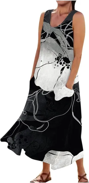Sundresses for Womens Casual Sleeveless Cotton Linen Long Dress Flowy Beach Floral Print Dresses with Pockets
