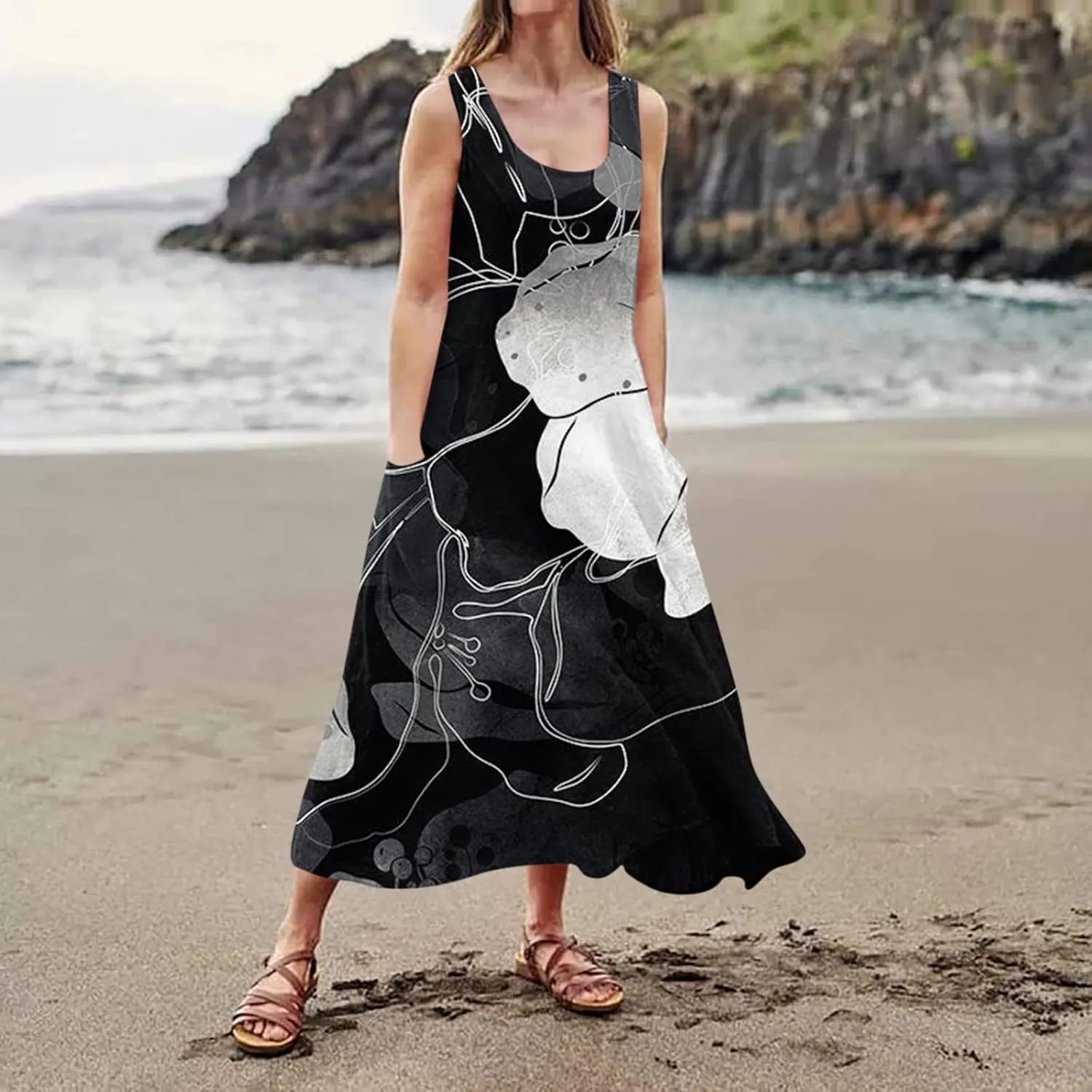 Sundresses for Womens Casual Sleeveless Cotton Linen Long Dress Flowy Beach Floral Print Dresses with Pockets