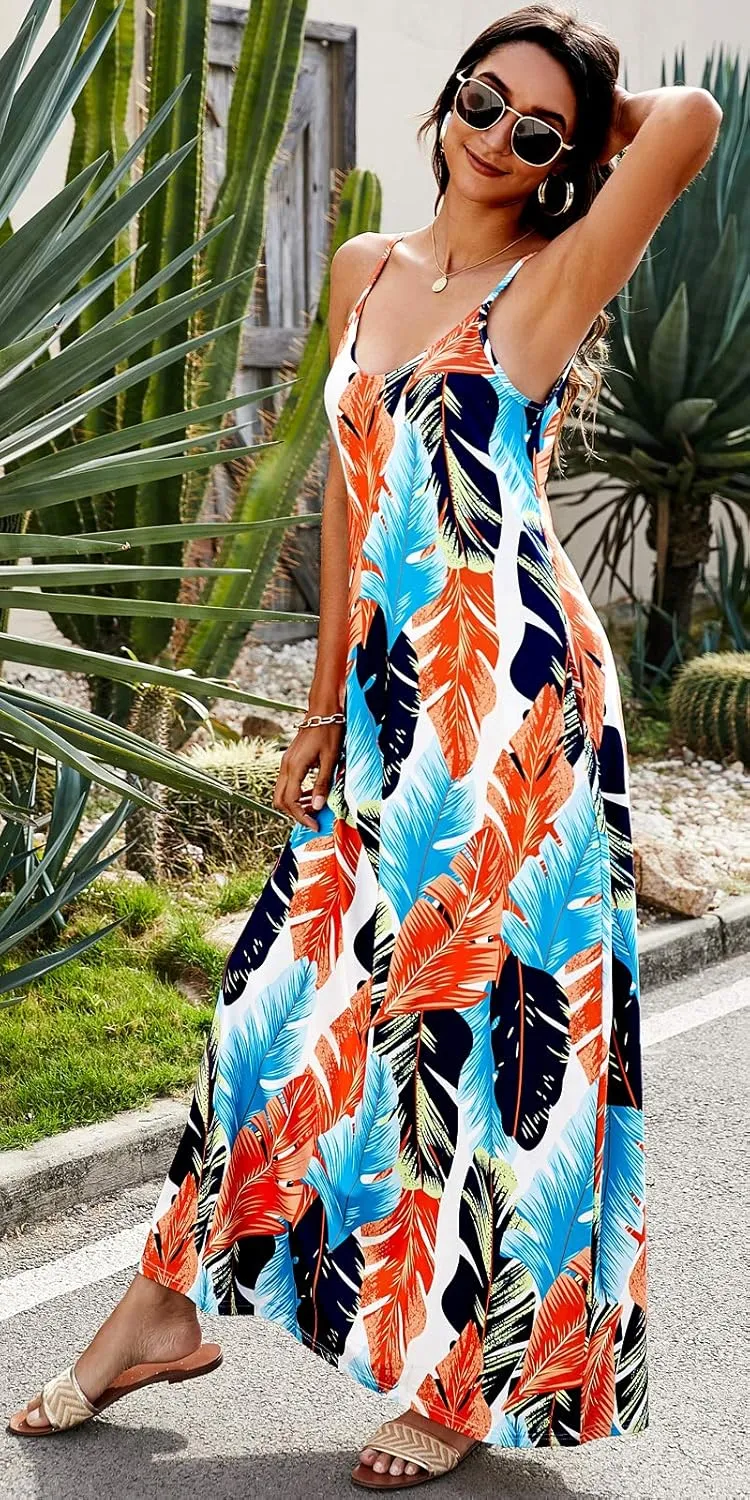 Supnier Women's Summer Maxi Dress Casual V-Neck Sleeveless Bohemian Spaghetti Strap Floral Long Maxi Dress with Pockets