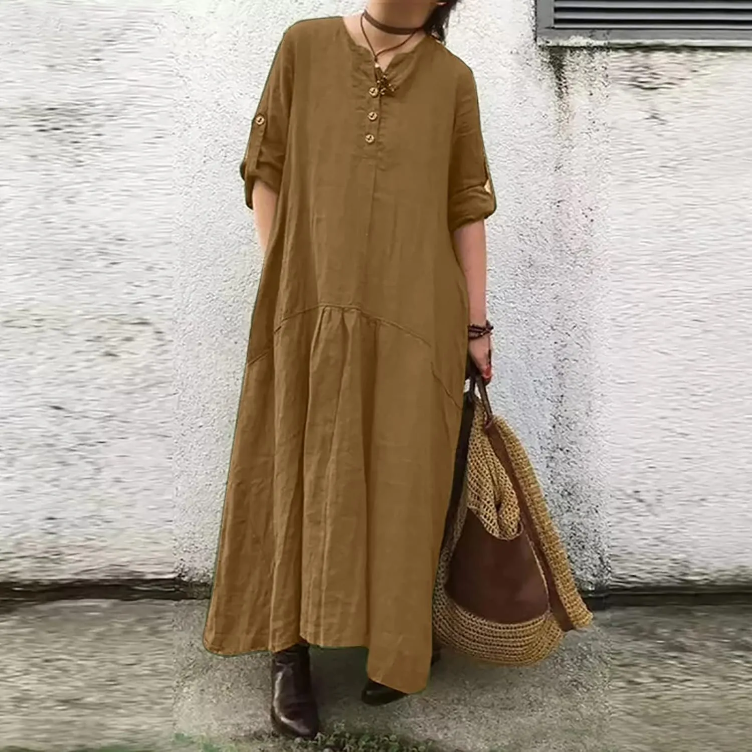 T Shirt Dresses for Women 2025 Summer V Neck Cotton Linen Dress Beach Half Sleeve Sundress Boho Maxi Dress