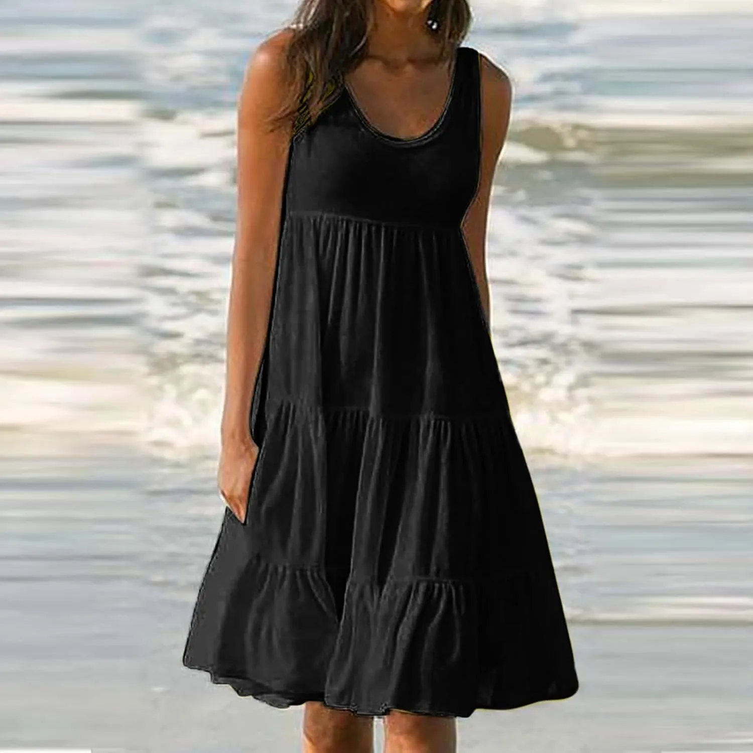 TANGNADE Women's Summer Sleeveless A-Line Midi Dresses Casual Trendy Dress Flowy Beach Sundress U Neck Tank Dresses