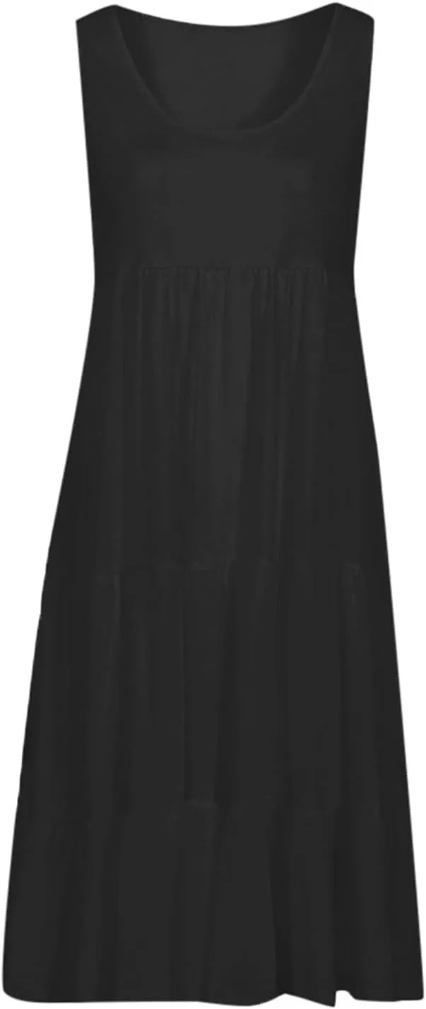 TANGNADE Women's Summer Sleeveless A-Line Midi Dresses Casual Trendy Dress Flowy Beach Sundress U Neck Tank Dresses