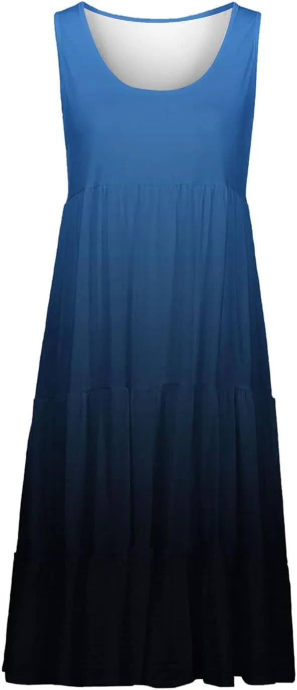 TANGNADE Women's Summer Sleeveless A-Line Midi Dresses Casual Trendy Dress Flowy Beach Sundress U Neck Tank Dresses
