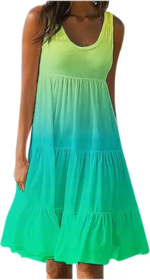 TANGNADE Women's Summer Sleeveless A-Line Midi Dresses Casual Trendy Dress Flowy Beach Sundress U Neck Tank Dresses