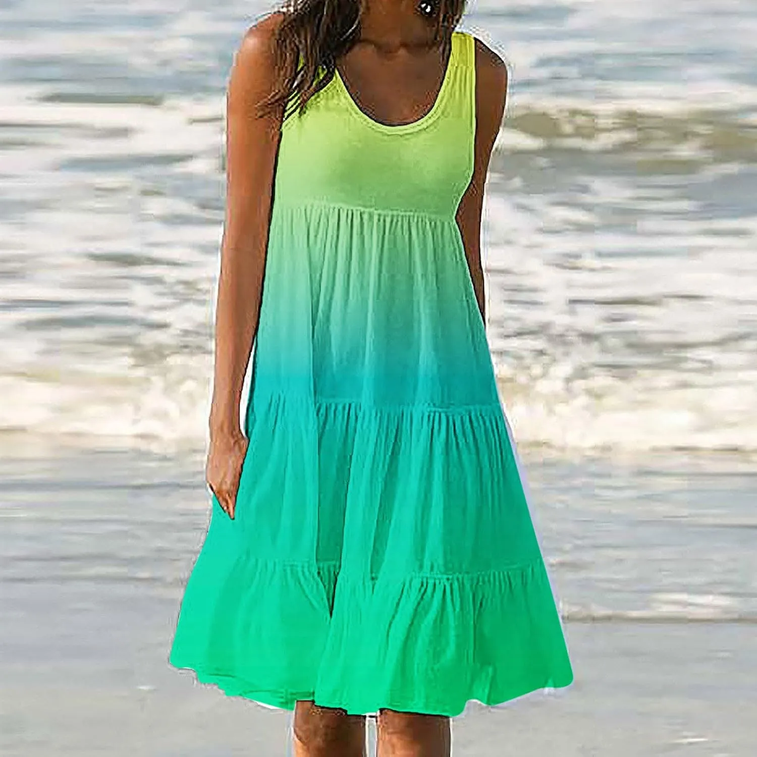 TANGNADE Women's Summer Sleeveless A-Line Midi Dresses Casual Trendy Dress Flowy Beach Sundress U Neck Tank Dresses