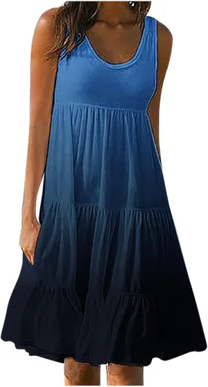 TANGNADE Women's Summer Sleeveless A-Line Midi Dresses Casual Trendy Dress Flowy Beach Sundress U Neck Tank Dresses