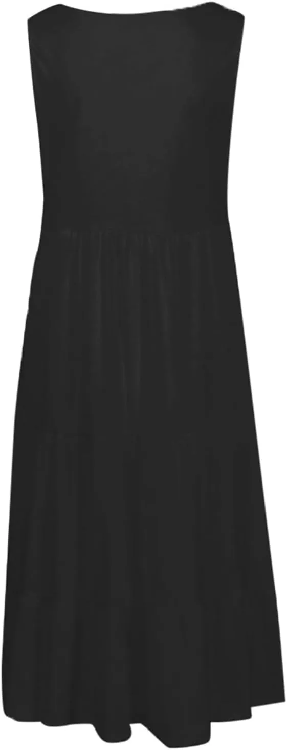 TANGNADE Women's Summer Sleeveless A-Line Midi Dresses Casual Trendy Dress Flowy Beach Sundress U Neck Tank Dresses