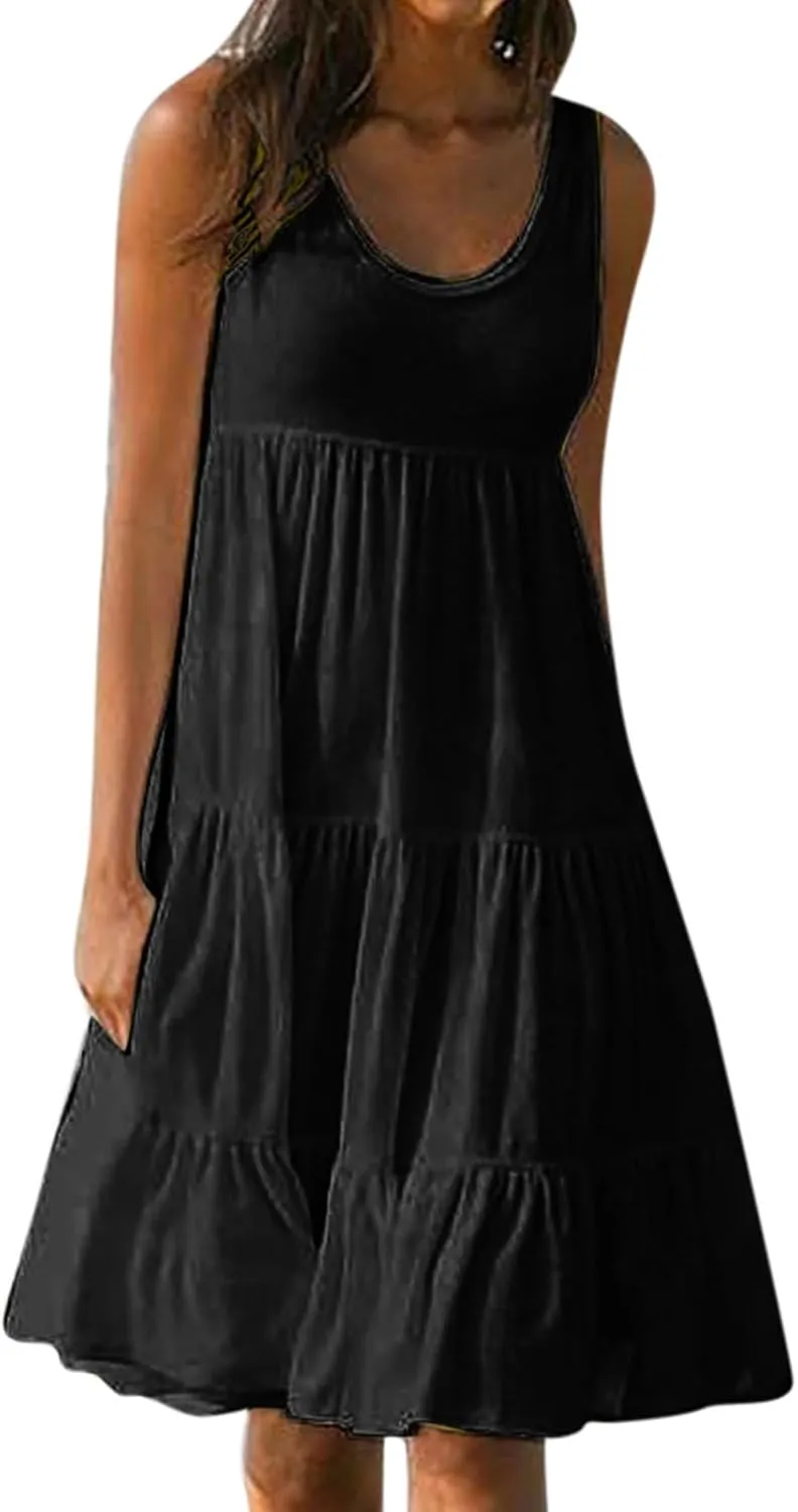 TANGNADE Women's Summer Sleeveless A-Line Midi Dresses Casual Trendy Dress Flowy Beach Sundress U Neck Tank Dresses