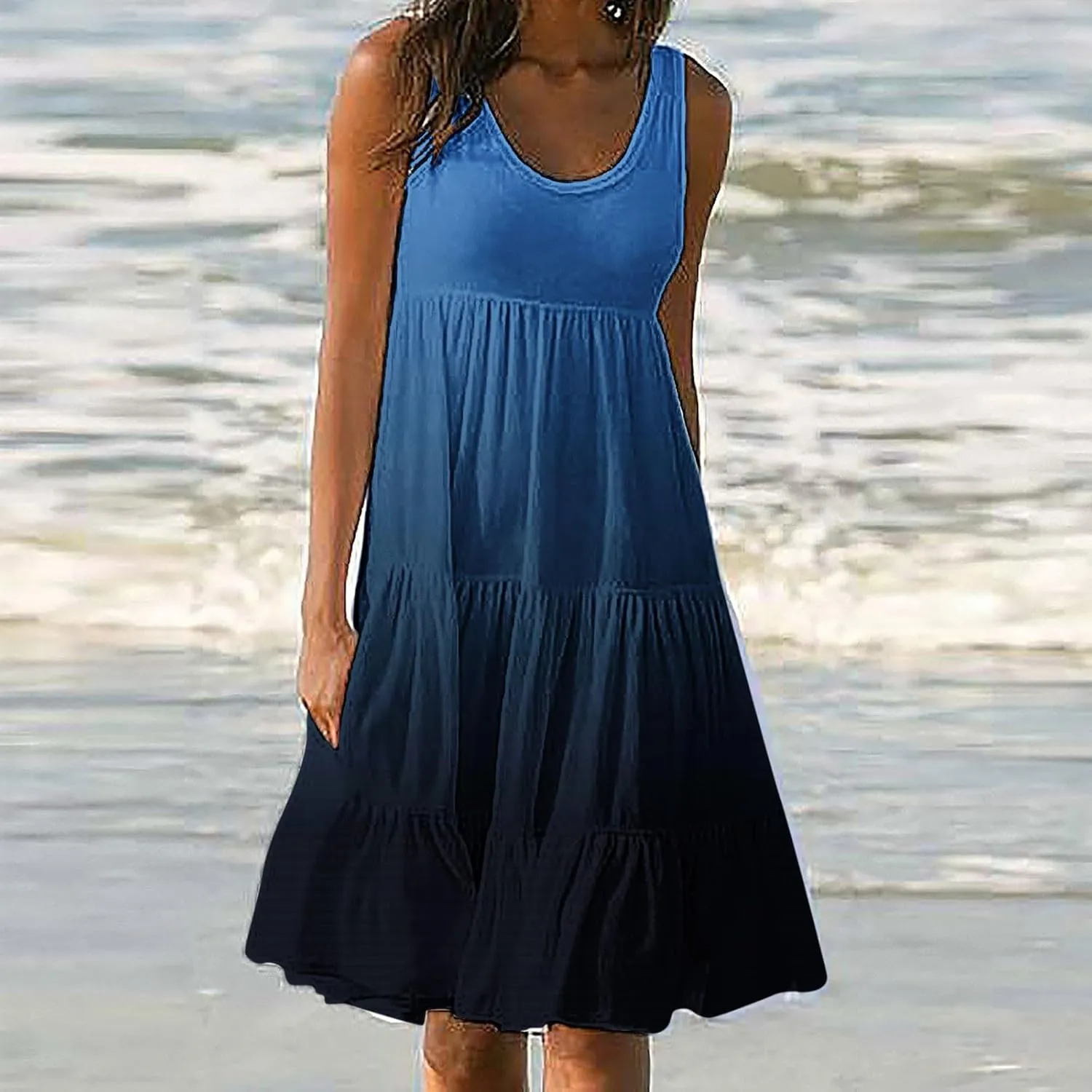 TANGNADE Women's Summer Sleeveless A-Line Midi Dresses Casual Trendy Dress Flowy Beach Sundress U Neck Tank Dresses