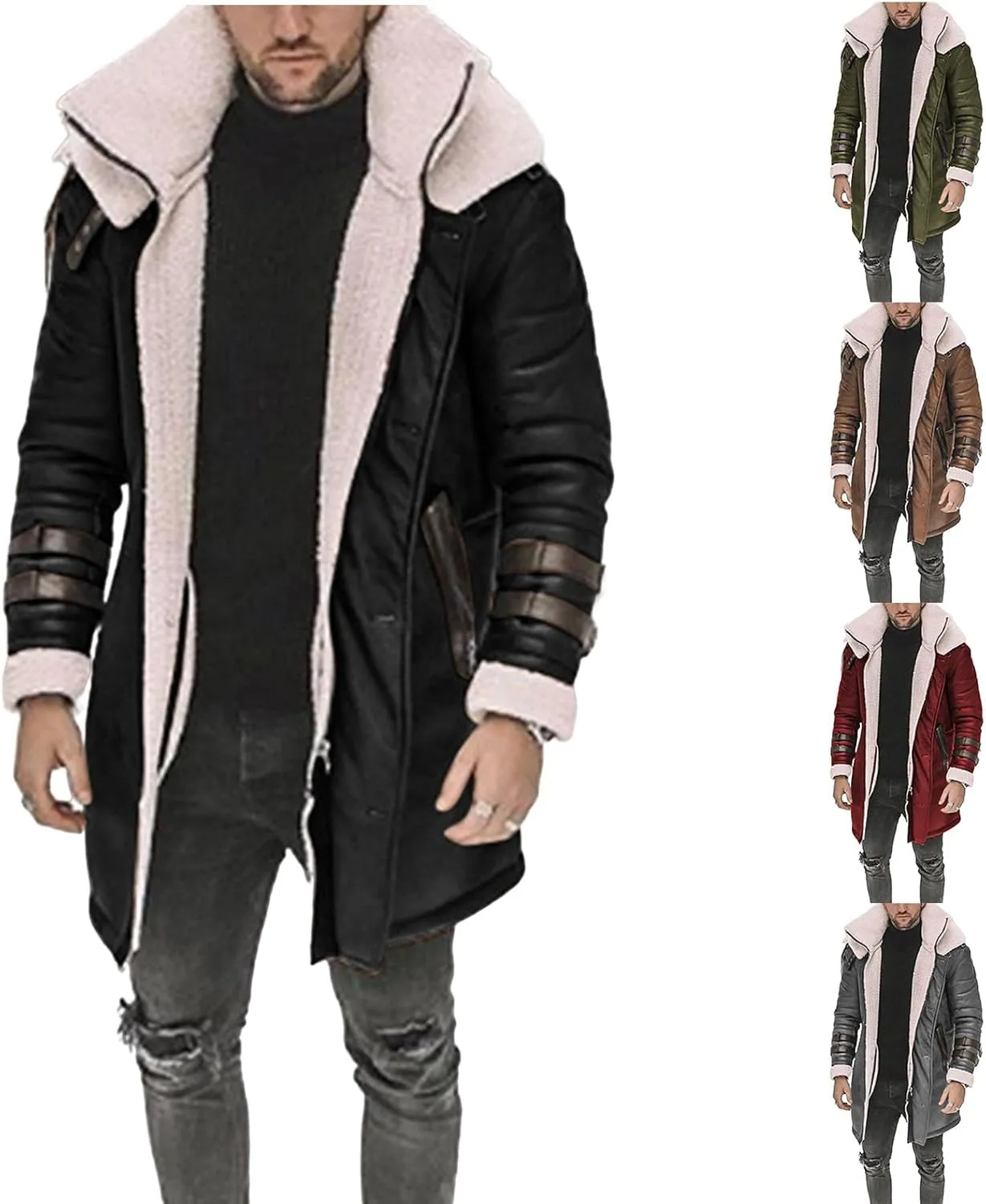 Thatrich Mens Faux Leather Fur Jacket Sherpa Lined Coat Long Fleece Shearling Coats Jackets Winter Warm Bomber Jacket Outwear