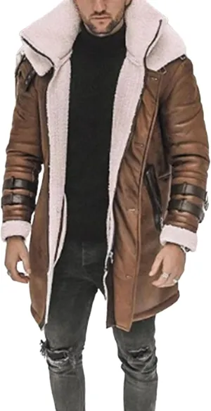 Thatrich Mens Faux Leather Fur Jacket Sherpa Lined Coat Long Fleece Shearling Coats Jackets Winter Warm Bomber Jacket Outwear